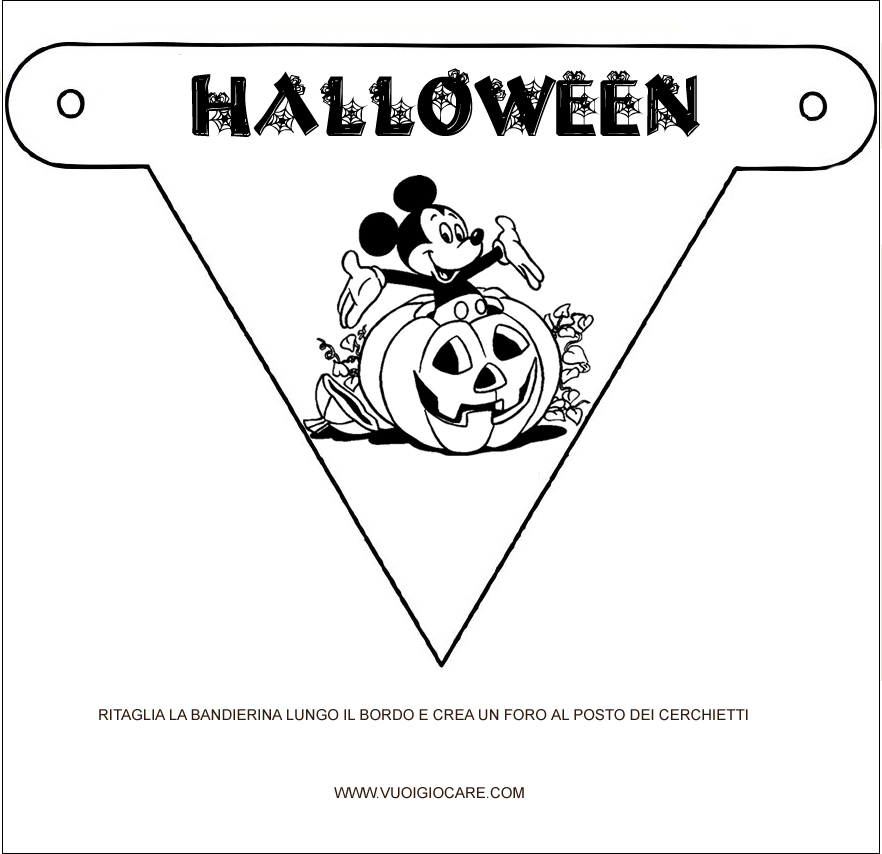bandierina di carta per la festa di halloween con topolino e una zucca da colorare