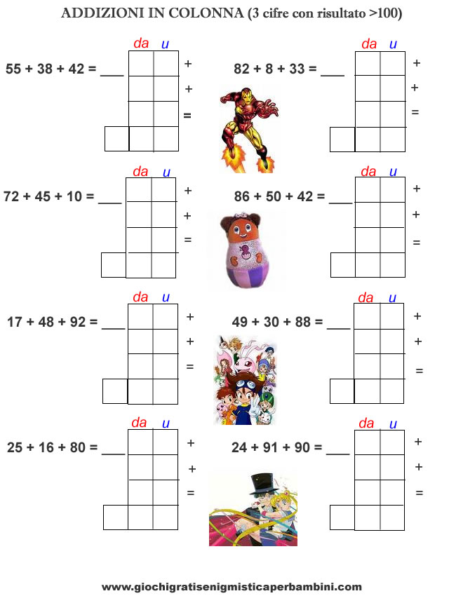 scheda didattica di addizioni in colonna