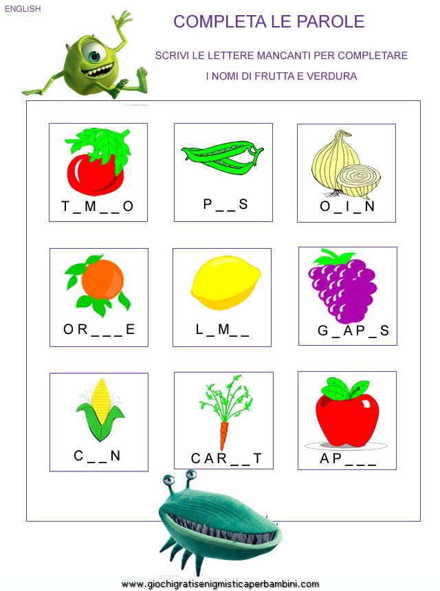 Schede didattiche inglese per bambini frutta fruits Esercizi In Inglese